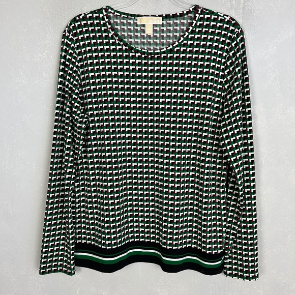 Michael Kors women size XL long sleeve top brown green geometric stretch jersey - Picture 1 of 15